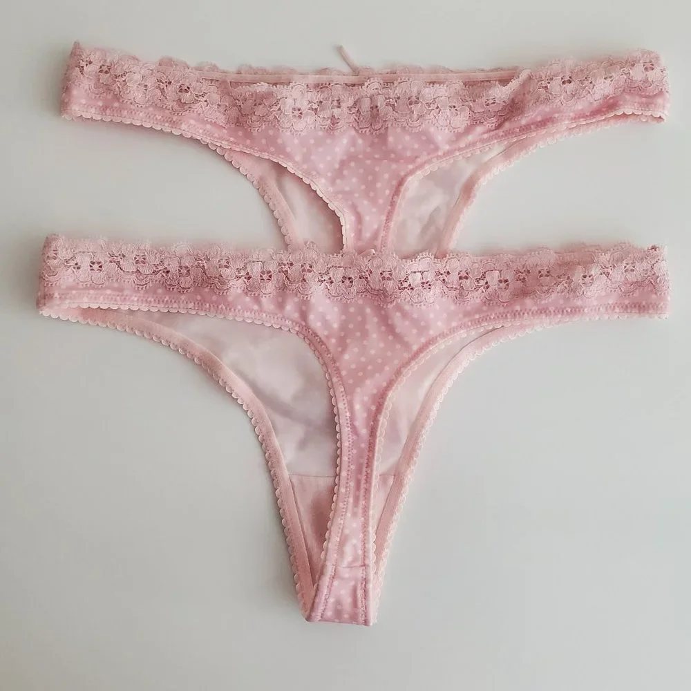 Pink Polka Dot 3 Piece Lace Trim Bra & Thong Bundle | Like New | 32D, Small - Picture 11 of 13